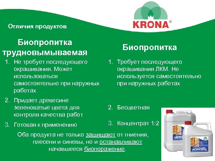 Отличия продуктов Биопропитка трудновымываемая 1. Не требует последующего окрашивания. Может использоваться самостоятельно при наружных