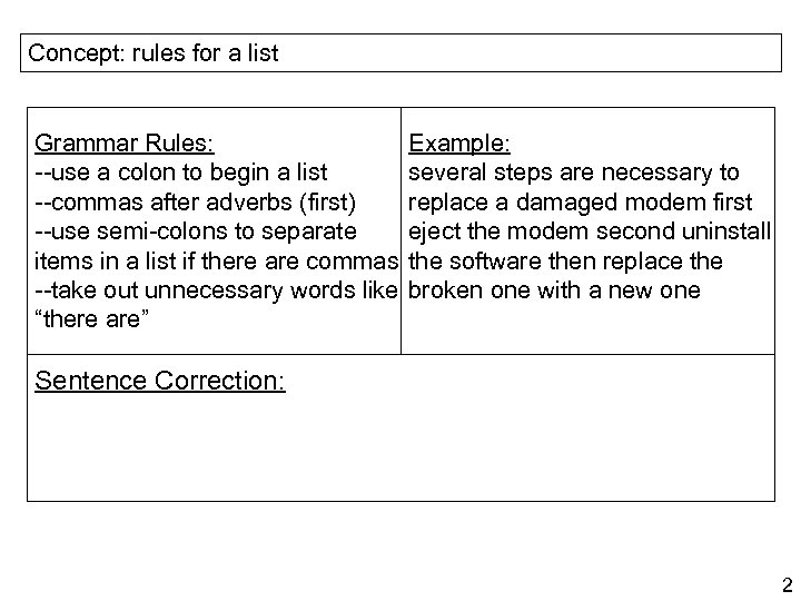 Concept: rules for a list Grammar Rules: --use a colon to begin a list