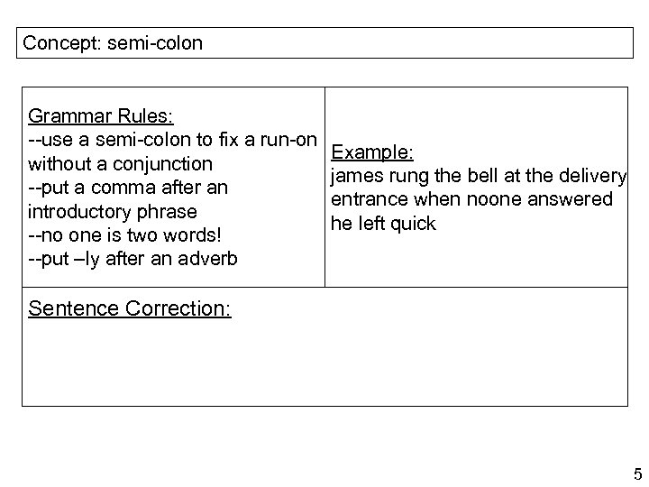 Concept: semi-colon Grammar Rules: --use a semi-colon to fix a run-on without a conjunction