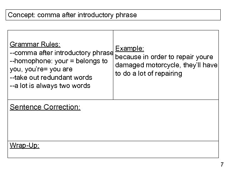Concept: comma after introductory phrase Grammar Rules: Example: --comma after introductory phrase because in