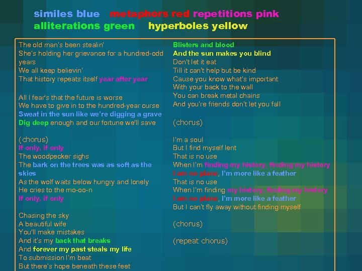 similes blue metaphors red repetitions pink alliterations green hyperboles yellow The old man’s been