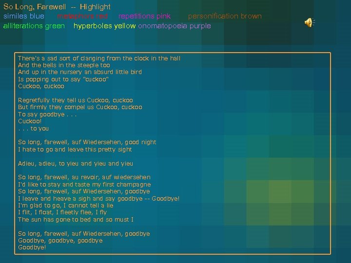 So Long, Farewell -- Highlight similes blue metaphors red repetitions pink personification brown alliterations