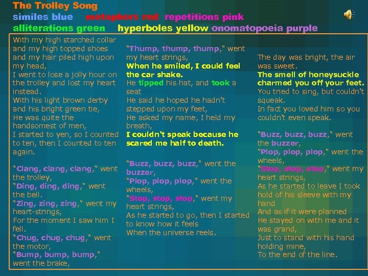 The Trolley Song similes blue metaphors red repetitions pink alliterations green hyperboles yellow onomatopoeia