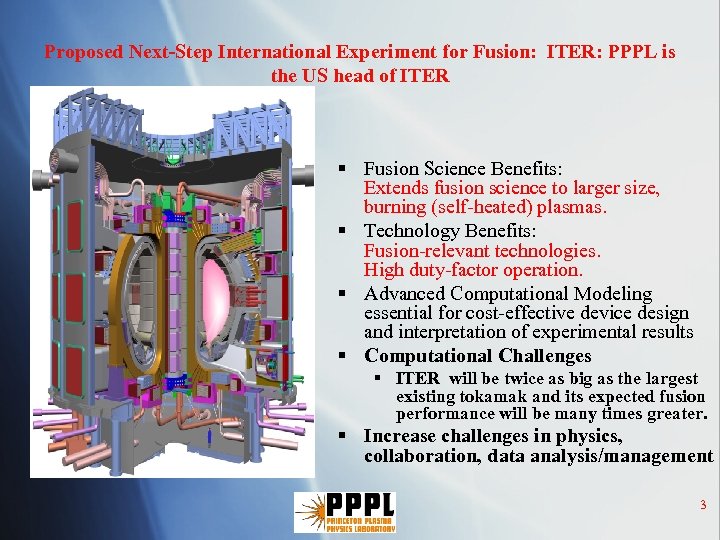 Proposed Next-Step International Experiment for Fusion: ITER: PPPL is the US head of ITER