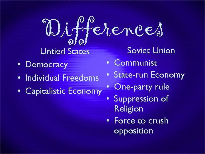 Differences Soviet Union Untied States • Communist • Democracy • Individual Freedoms • State-run