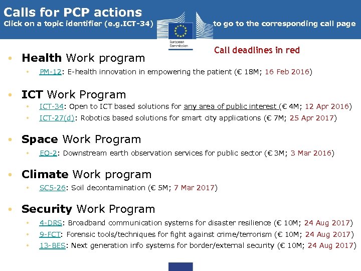 Calls for PCP actions Click on a topic identifier (e. g. ICT-34) to go