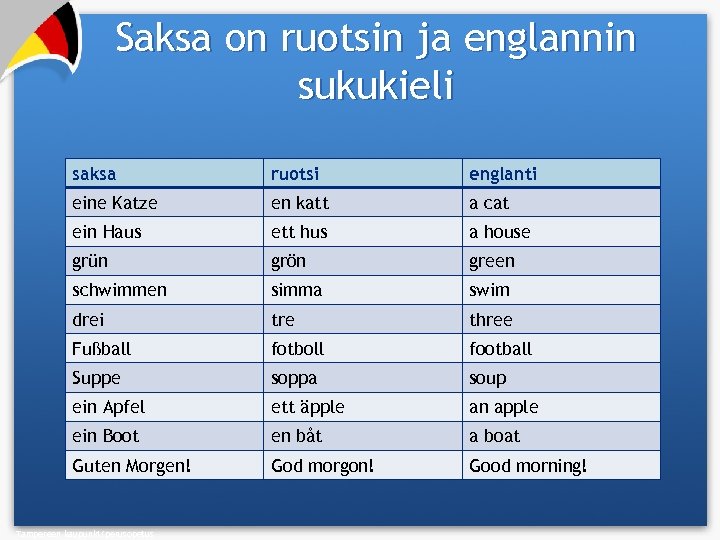 Saksa on ruotsin ja englannin sukukieli saksa ruotsi englanti eine Katze en katt a