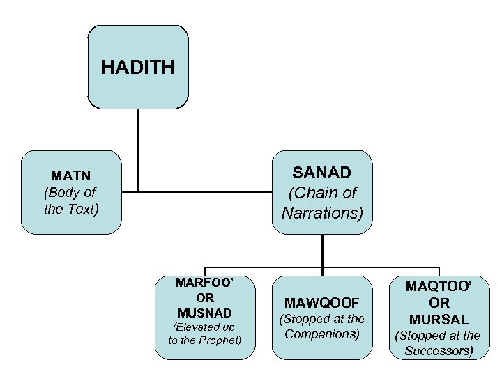 HADITH SANAD (Chain of Narrations) MATN (Body of the Text) MARFOO’ OR MUSNAD (Elevated