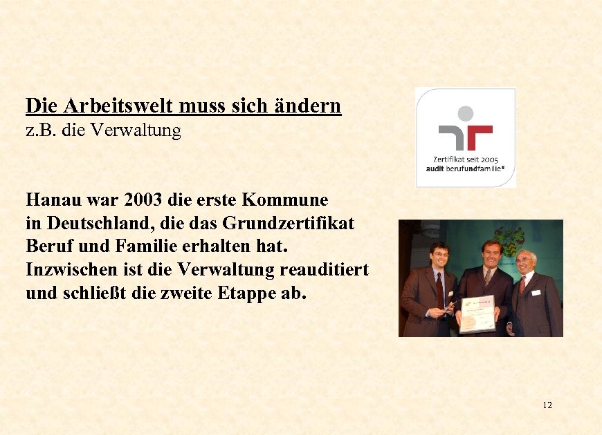 Die Arbeitswelt muss sich ändern z. B. die Verwaltung Hanau war 2003 die erste