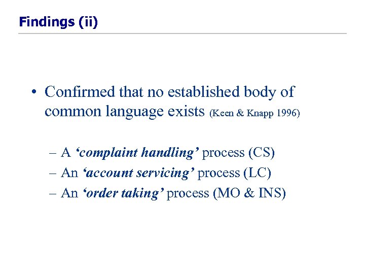 Findings (ii) • Confirmed that no established body of common language exists (Keen &