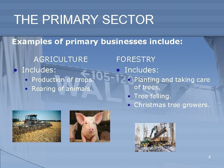 THE PRIMARY SECTOR Examples of primary businesses include: AGRICULTURE • Includes: • Production of