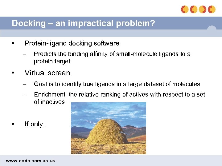 Docking – an impractical problem? • Protein-ligand docking software – • Predicts the binding