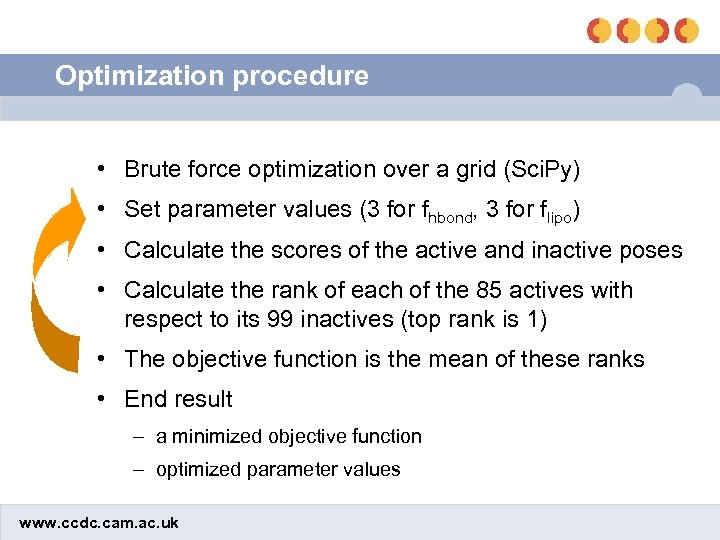 Optimization procedure • Brute force optimization over a grid (Sci. Py) • Set parameter