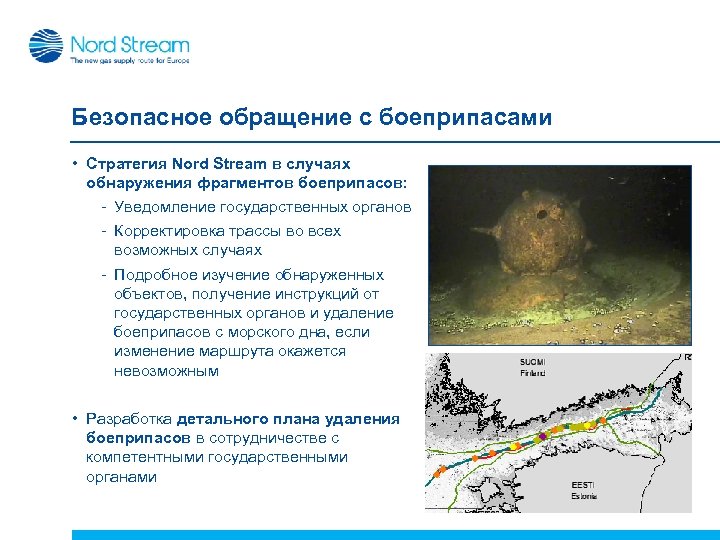 Безопасное обращение с боеприпасами • Стратегия Nord Stream в случаях обнаружения фрагментов боеприпасов: -