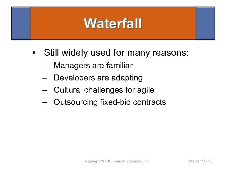 Waterfall • Still widely used for many reasons: – – Managers are familiar Developers