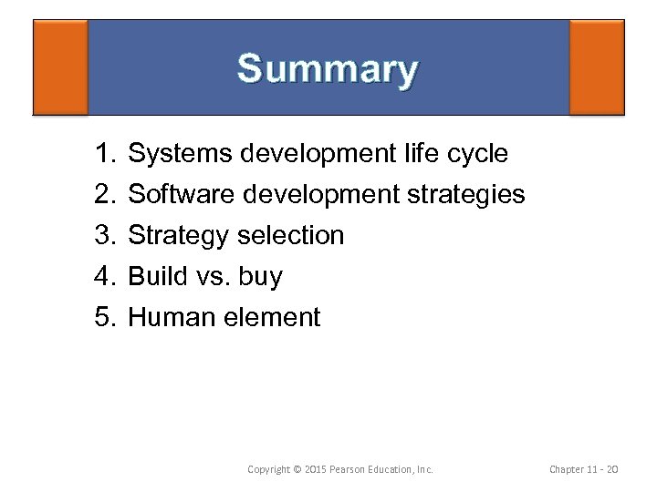 Summary 1. 2. 3. 4. 5. Systems development life cycle Software development strategies Strategy
