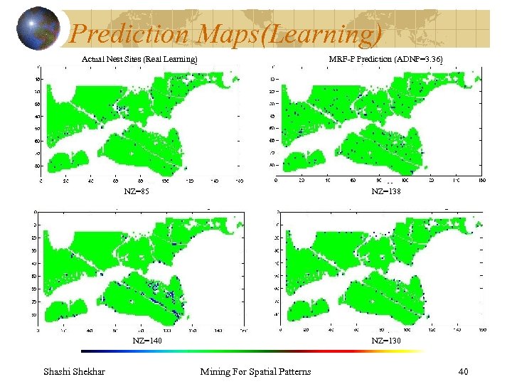 Prediction Maps(Learning) Actual Nest Sites (Real Learning) MRF-P Prediction (ADNP=3. 36) NZ=85 MRF-GMM Prediction