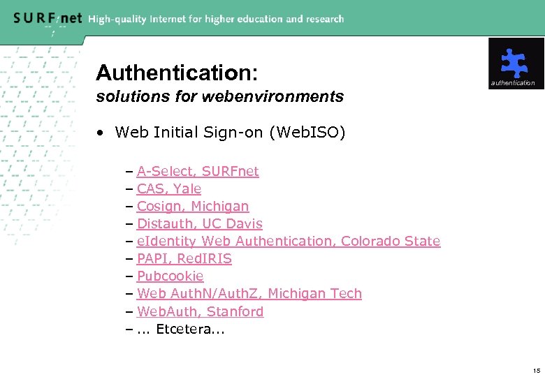 Authentication: solutions for webenvironments authentication • Web Initial Sign-on (Web. ISO) – A-Select, SURFnet