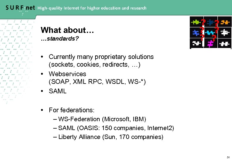 What about… …standards? ? ? ? • Currently many proprietary solutions (sockets, cookies, redirects,