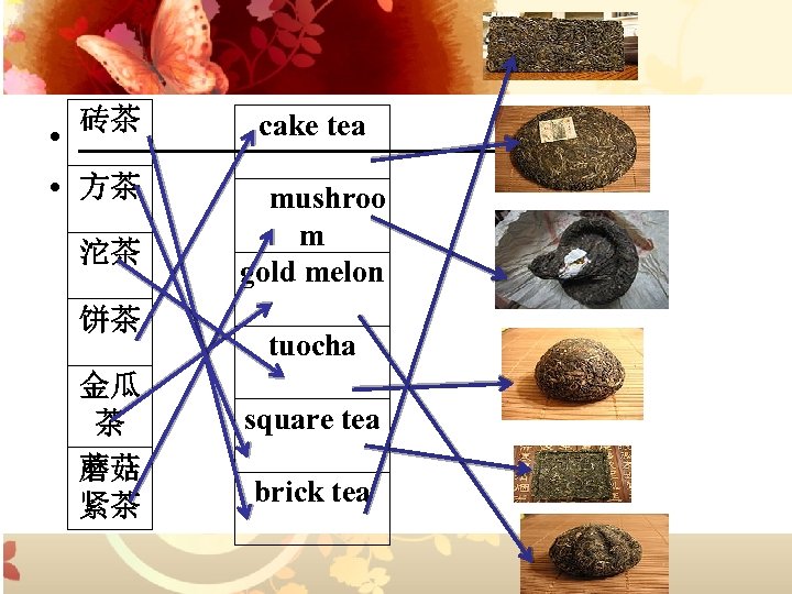 砖茶 cake tea • 方茶 • mushroo 沱茶 饼茶 金瓜 茶 蘑菇 紧茶 m