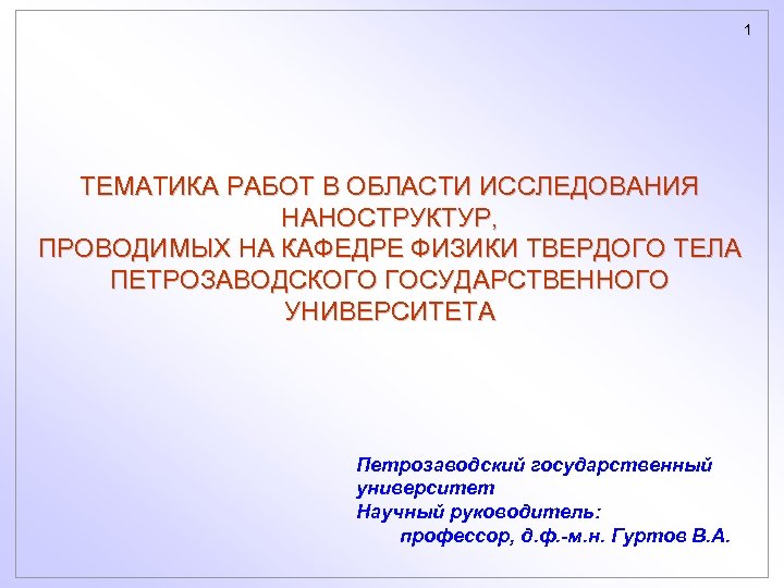 1 ТЕМАТИКА РАБОТ В ОБЛАСТИ ИССЛЕДОВАНИЯ НАНОСТРУКТУР, ПРОВОДИМЫХ НА КАФЕДРЕ ФИЗИКИ ТВЕРДОГО ТЕЛА ПЕТРОЗАВОДСКОГО