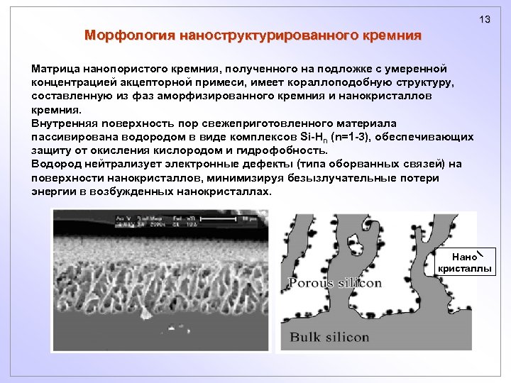 13 Морфология наноструктурированного кремния Матрица нанопористого кремния, полученного на подложке с умеренной концентрацией акцепторной