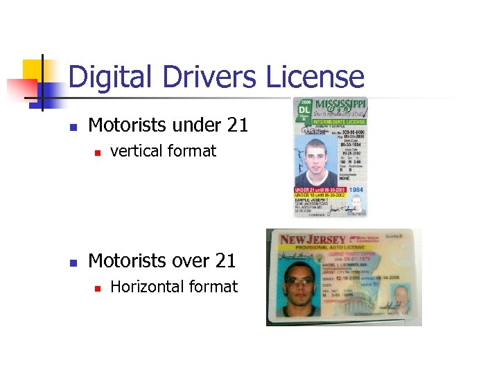 Digital Drivers License n Motorists under 21 n n vertical format Motorists over 21
