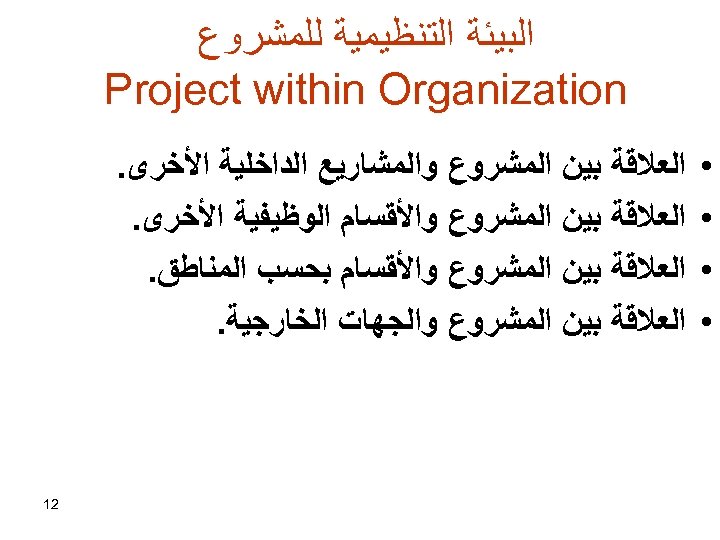  ﺍﻟﺒﻴﺌﺔ ﺍﻟﺘﻨﻈﻴﻤﻴﺔ ﻟﻠﻤﺸﺮﻭﻉ Project within Organization • • ﺍﻟﻌﻼﻗﺔ ﺑﻴﻦ ﺍﻟﻤﺸﺮﻭﻉ ﻭﺍﻟﻤﺸﺎﺭﻳﻊ ﺍﻟﺪﺍﺧﻠﻴﺔ