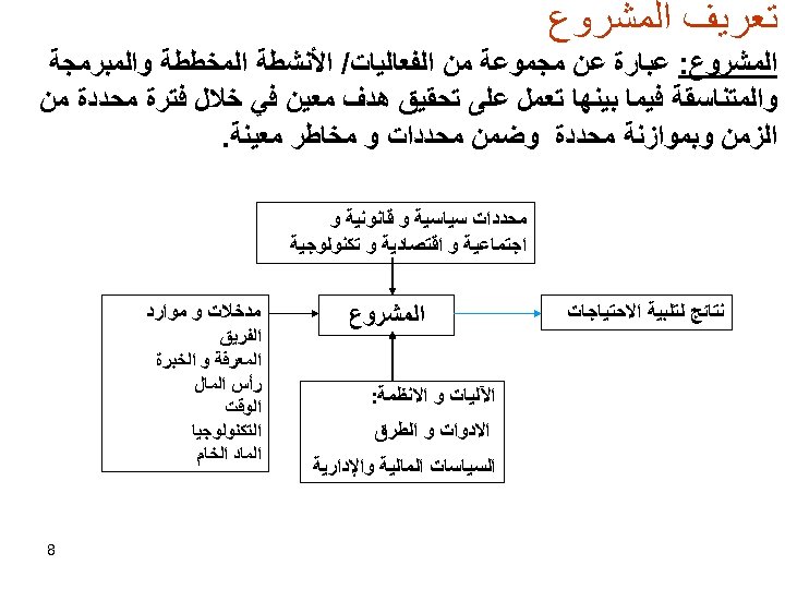  ﺗﻌﺮﻳﻒ ﺍﻟﻤﺸﺮﻭﻉ: ﻋﺒﺎﺭﺓ ﻋﻦ ﻣﺠﻤﻮﻋﺔ ﻣﻦ ﺍﻟﻔﻌﺎﻟﻴﺎﺕ/ ﺍﻷﻨﺸﻄﺔ ﺍﻟﻤﺨﻄﻄﺔ ﻭﺍﻟﻤﺒﺮﻣﺠﺔ ﻭﺍﻟﻤﺘﻨﺎﺳﻘﺔ ﻓﻴﻤﺎ ﺑﻴﻨﻬﺎ