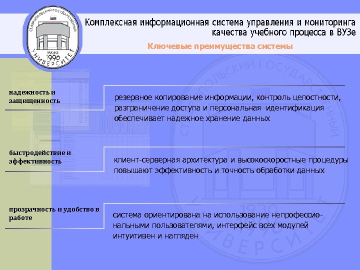 Ключевые преимущества системы надежность и защищенность быстродействие и эффективность прозрачность и удобство в работе