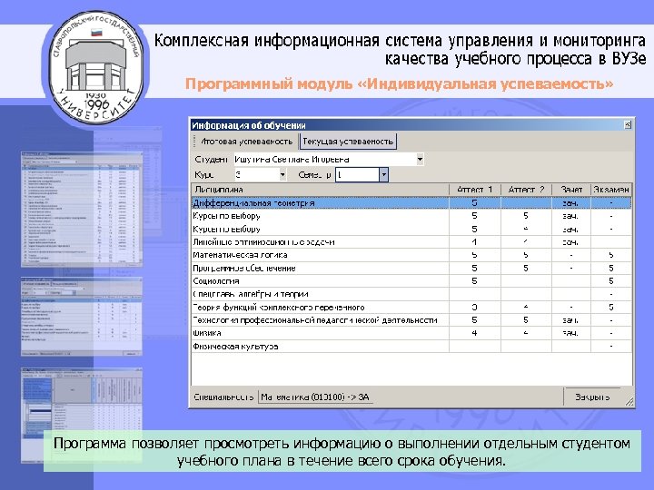 Программный модуль «Индивидуальная успеваемость» Программа позволяет просмотреть информацию о выполнении отдельным студентом учебного плана