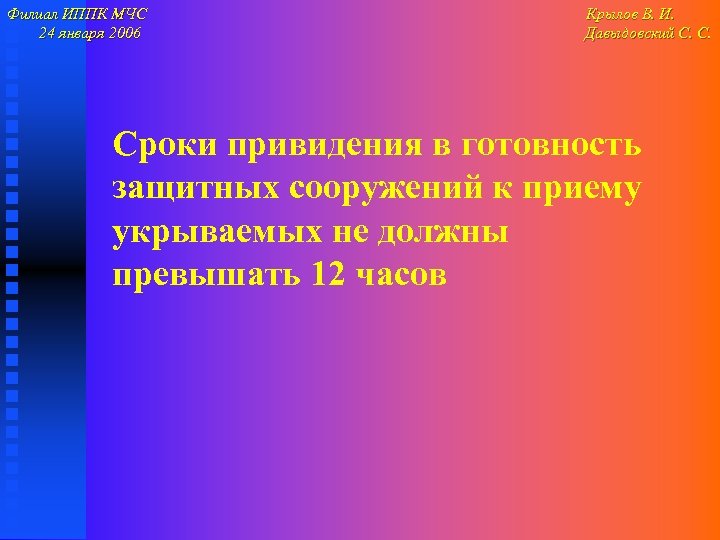 Филиал ИППК МЧС 24 января 2006 Крылов В. И. Давыдовский С. С. Сроки привидения