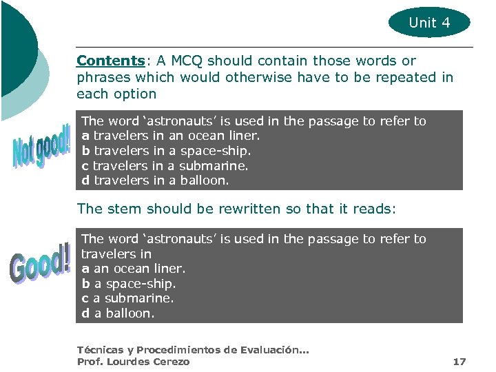 Unit 4 Contents: A MCQ should contain those words or phrases which would otherwise