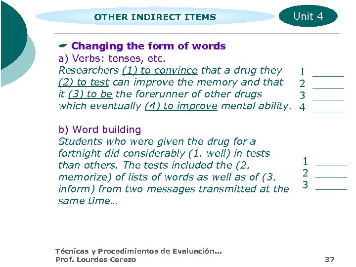 OTHER INDIRECT ITEMS Changing the form of words a) Verbs: tenses, etc. Researchers (1)