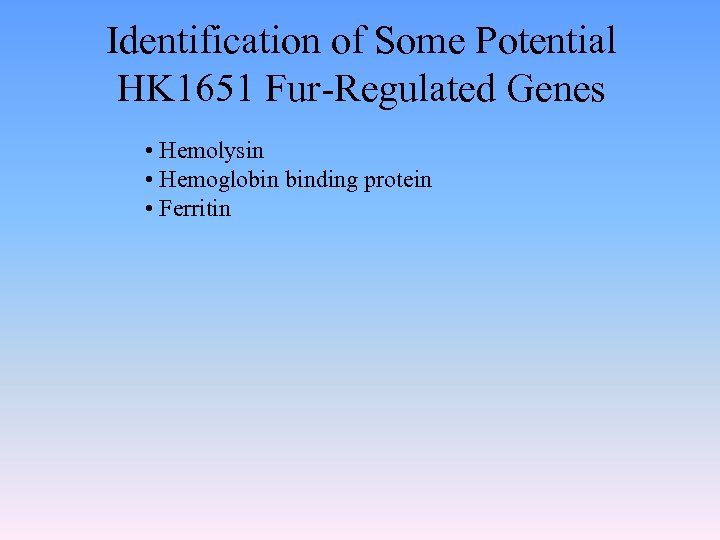 Identification of Some Potential HK 1651 Fur-Regulated Genes • Hemolysin • Hemoglobin binding protein