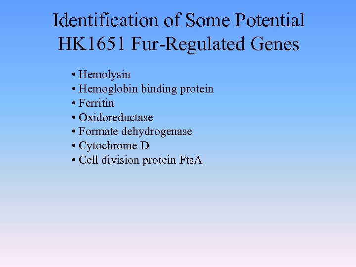Identification of Some Potential HK 1651 Fur-Regulated Genes • Hemolysin • Hemoglobin binding protein
