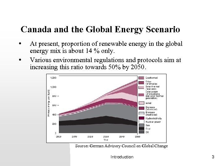 Canada and the Global Energy Scenario • • At present, proportion of renewable energy