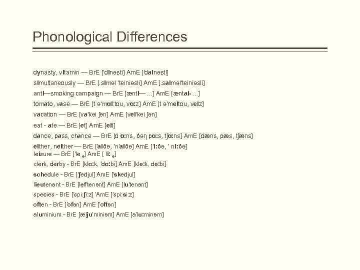 Phonological Differences dynasty, vitamin — Br. E ['dinǝsti] Am. E ['dainǝsti] simultaneously — Br.