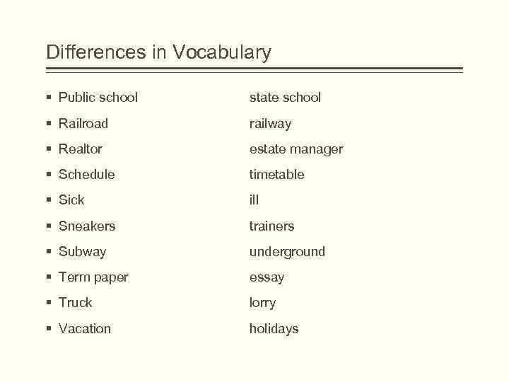 Differences in Vocabulary § Public school state school § Railroad railway § Realtor estate