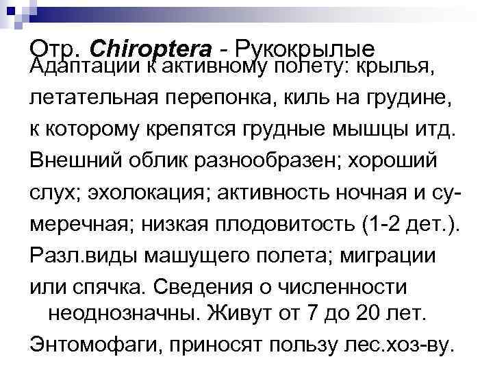 Отр. Chiroptera - Рукокрылые Адаптации к активному полету: крылья, летательная перепонка, киль на грудине,