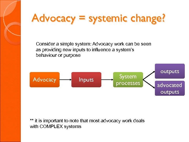 Advocacy = systemic change? Consider a simple system: Advocacy work can be seen as