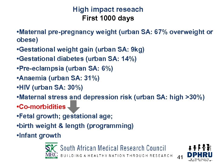 High impact reseach First 1000 days • Maternal pre-pregnancy weight (urban SA: 67% overweight
