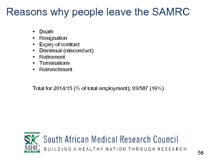 Reasons why people leave the SAMRC • • Death Resignation Expiry of contract Dismissal