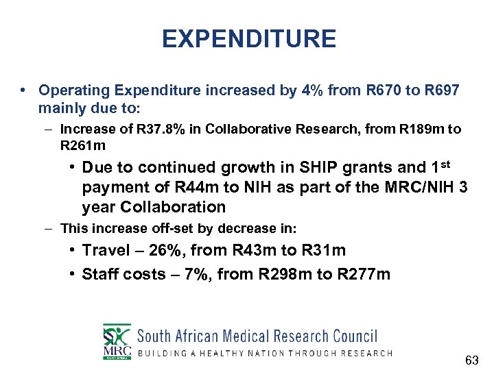 EXPENDITURE • Operating Expenditure increased by 4% from R 670 to R 697 mainly