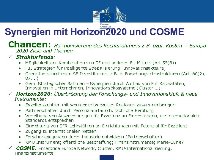 Synergien mit Horizon 2020 und COSME Chancen: Harmonisierung des Rechtsrahmens z. B. bzgl. Kosten