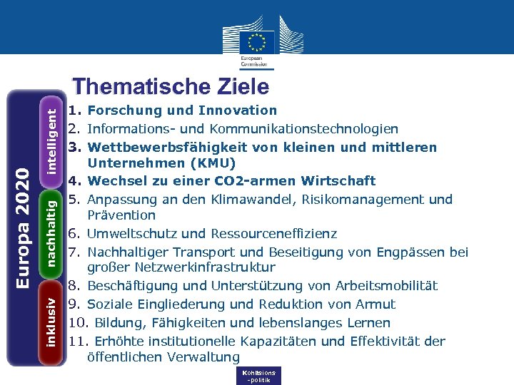 intelligent nachhaltig inklusiv Europa 2020 Thematische Ziele 1. Forschung und Innovation 2. Informations- und