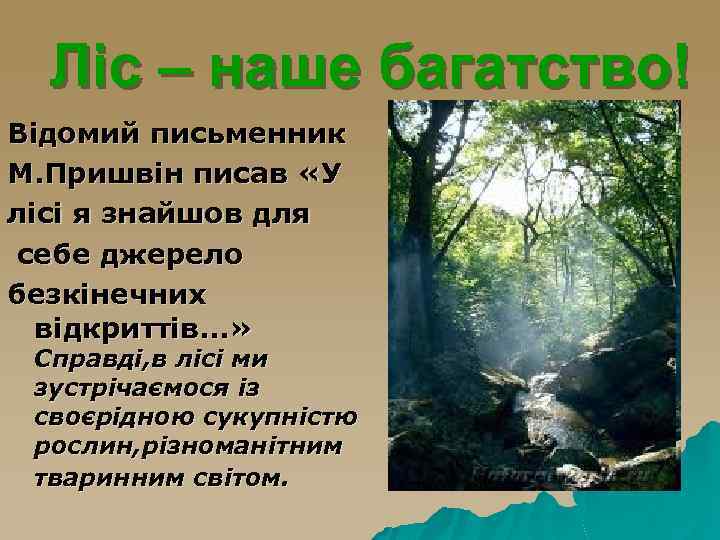 Ліс – наше багатство! Відомий письменник М. Пришвін писав «У лісі я знайшов для