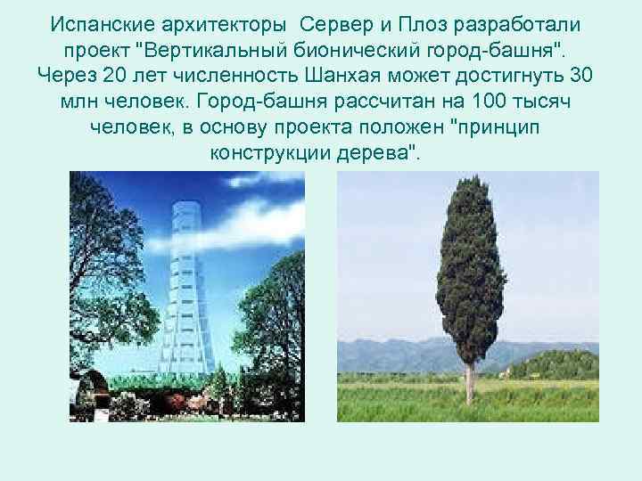 Испанские архитекторы Сервер и Плоз разработали проект "Вертикальный бионический город-башня". Через 20 лет численность
