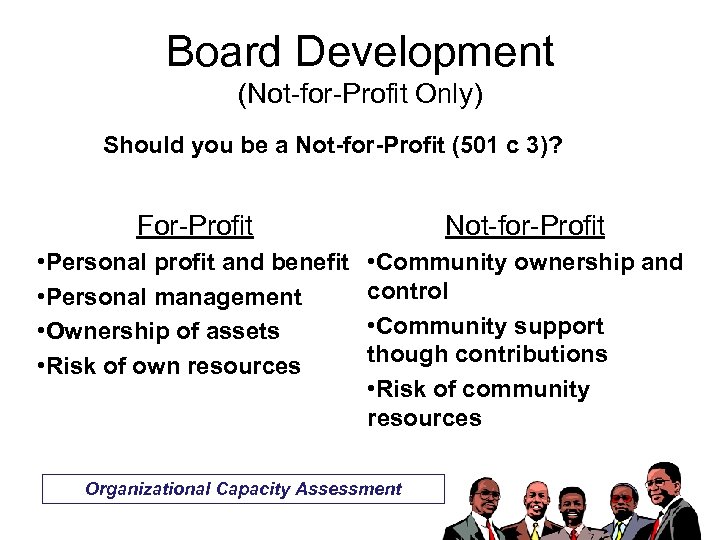 Board Development (Not-for-Profit Only) Should you be a Not-for-Profit (501 c 3)? For-Profit Not-for-Profit