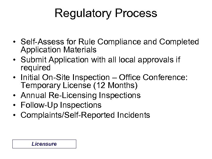Regulatory Process • Self-Assess for Rule Compliance and Completed Application Materials • Submit Application